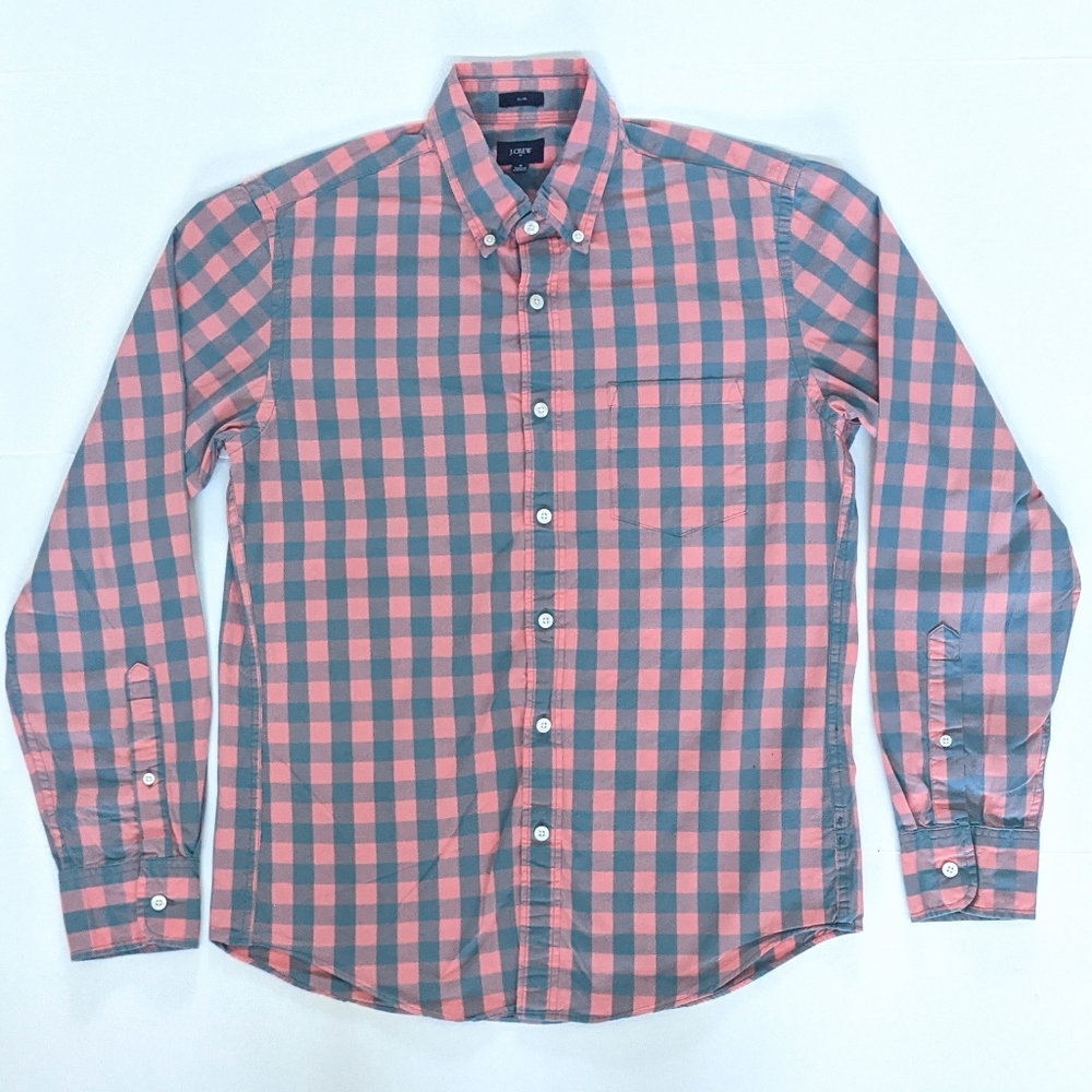J.Crew Salmon/ Stone Blue Checkered Slim Casual Button Down Long Sleeve Shirt